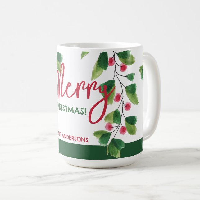 Caneca De Café Feliz Natal, Vermelho E Vermelhos, Terra De Aquare (Frente Esquerda)