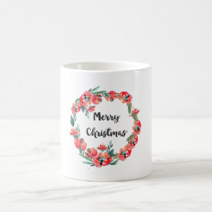 Caneca De Café Feliz Natal Vermelho, Floral, Watercolor Wreath