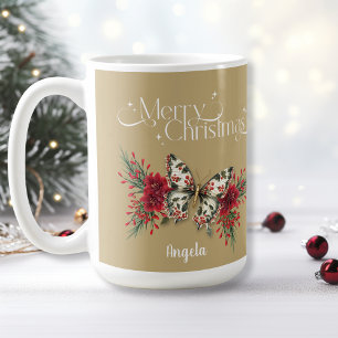 Caneca De Café Feliz Natal Vintage Butterfly Poinsettia