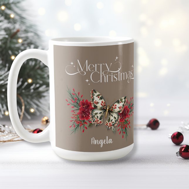 Caneca De Café Feliz Natal Vintage Butterfly Poinsettia (Criador carregado)