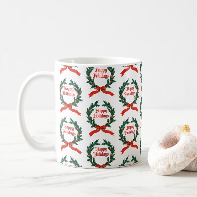 Caneca De Café Feliz Natal Vintage Holly Wreath (Com Donut)