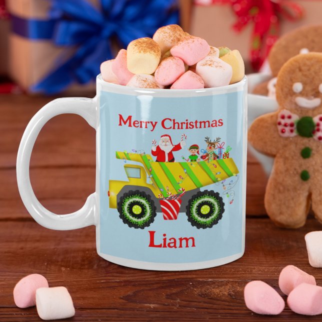 Caneca De Café Feliz Papai noel De Natal Em Dump Truck Personaliz (Criador carregado)