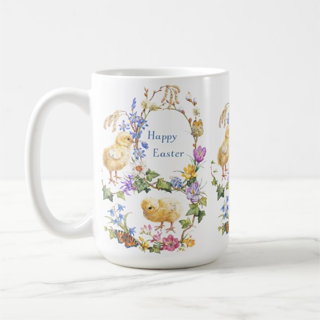 Caneca De Café Feliz Páscoa Aquarela Frango Grinalda Floral (Esquerda)