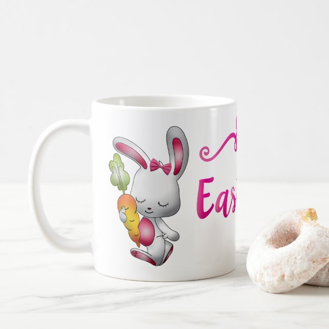 Caneca De Café Feliz Páscoa Coelho Branco Script Personalizado (Com Donut)