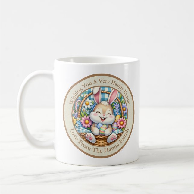 Caneca De Café Feliz Páscoa Com Coelhinho Fofo, Ovos e Floral (Esquerda)