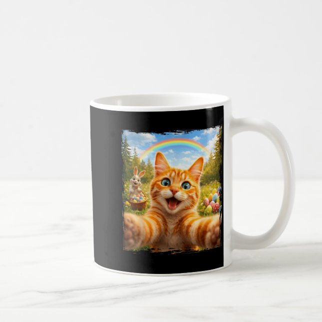 Caneca De Café Feliz Páscoa Gato Engraçado Selfie Com Coelho De P (Direita)