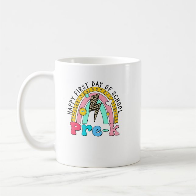 Caneca De Café feliz primeiro dia de escola pré-k arco-íris (Esquerda)