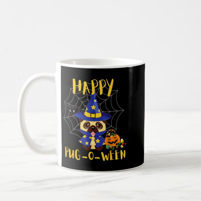 Caneca De Café Feliz Pug-O-Ween Cão Pug Divertido Halloween (Esquerda)