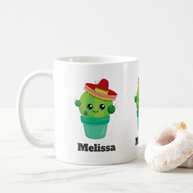Caneca De Café Feliz Round Cactus Vestindo um Sombrero Vermelho (Com Donut)