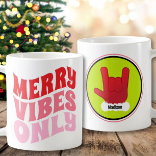 Caneca De Café Feliz Vibes Apenas Verde Rosa Nome Legal Natal