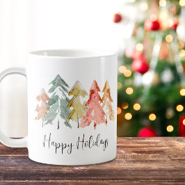 Caneca De Café Felizes Feriados Pinheiros Árvores Aquarelas Natal