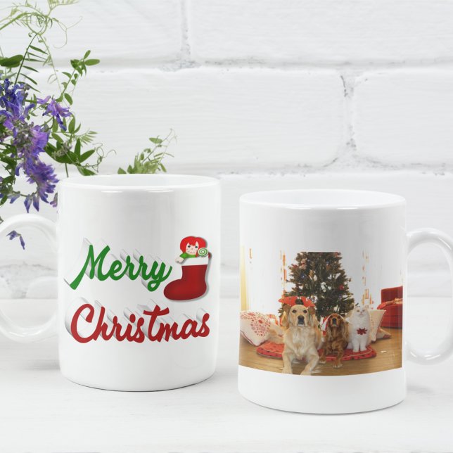 Caneca De Café Felry Christmas Stoking red green photoscript (Criador carregado)