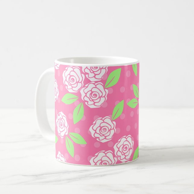 Caneca De Café Feminina Floral Verde Rosa chique (Frente Esquerda)