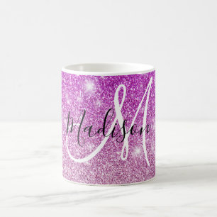 Caneca De Café Feminino & Glam Nome Monograma com Brilho Roxo