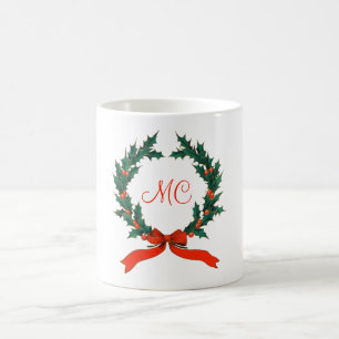 Caneca De Café Feriado de Holly Natal com Iniciais