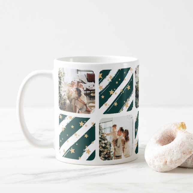 Caneca De Café Feriado de Natal da Colagem de Fotos Verde Elegant (Com Donut)