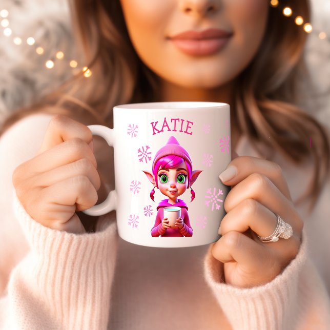 Caneca De Café Feriado de Neve Rosa Rosa Elf de Natal Personaliza (Criador carregado)
