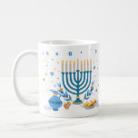 Caneca De Café Feriado Decorativo de Menorah Hanukkah<br><div class="desc">Celebre o Festival das Luzes com esta caneca de Chanukah decorativa. Uma cena de Chanucá com menorah,  sufganiyot (donuts),  sonhos e ramos de oliveira é renderizada em um efeito de aquarela. Use em Chanucá ou durante todo o ano. Disponível com produtos correspondentes.</div>