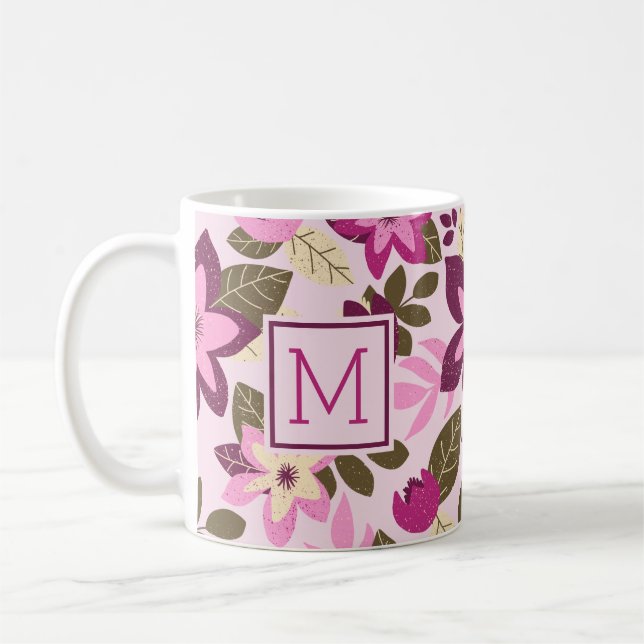 Caneca De Café Feriado em Monograma Floral Rosa de Natal Moderno (Esquerda)