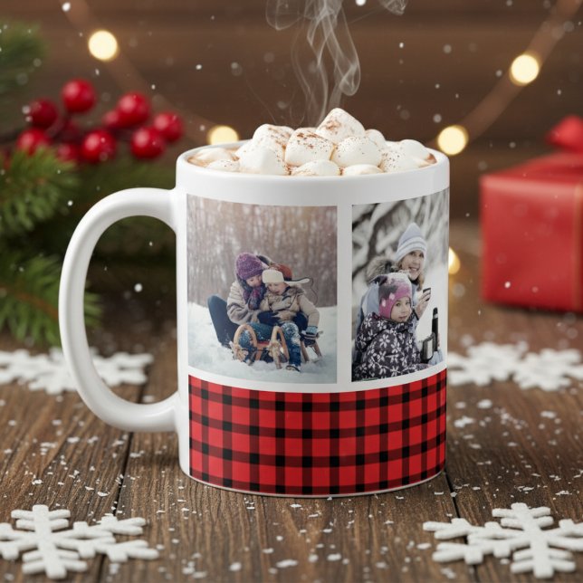 Caneca De Café Feriado Personalizado de Xadrez Vermelho e Buffalo (Custom Photo Red and Black Buffalo Plaid Holiday Coffee Mug - Just add your own photos!)