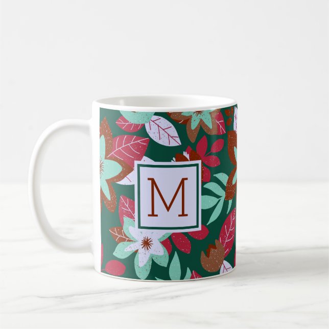 Caneca De Café Feriado Verde Floral de Natal Moderno (Esquerda)