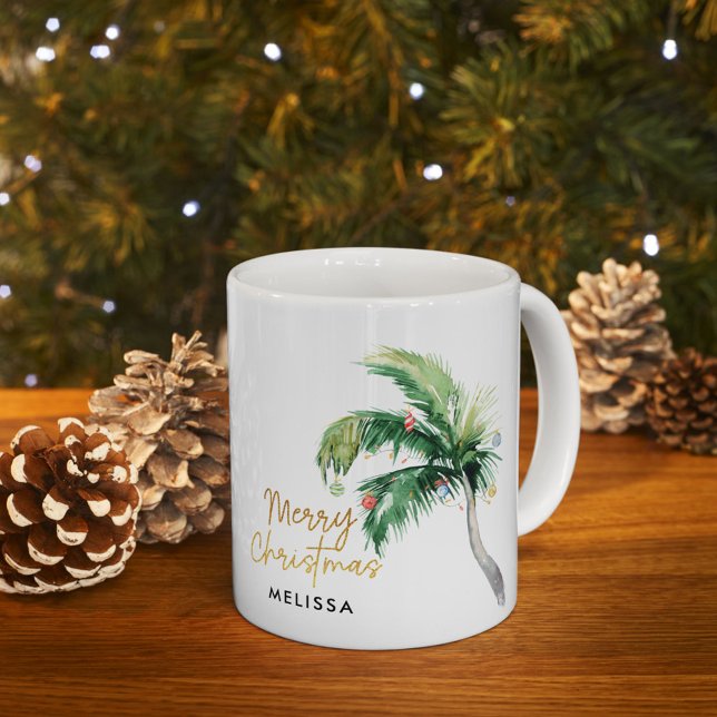 Caneca De Café Feriados de Árvore de Palma de Natal Personalizado (Christmas Holidays Coastal Palm Tree Personalized White 11oz Coffee Mug)