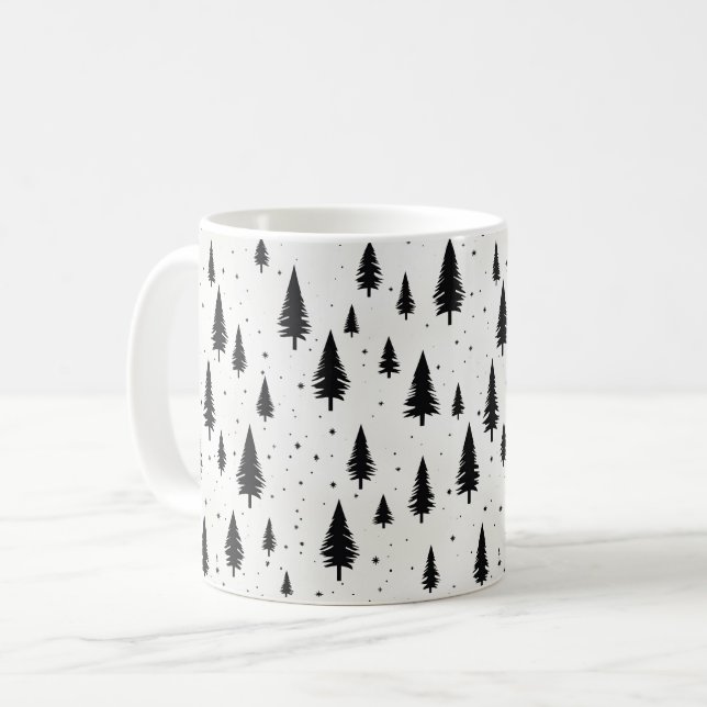 Caneca De Café Feriados de inverno Árvores de Natal a preto e bra (Frente Esquerda)