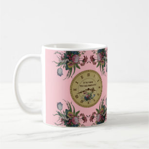Caneca De Café Festa de Aniversário com Relógio Antigo e Flores