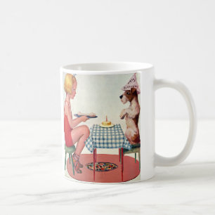Caneca De Café Festa de Aniversário Vintage, Menina com Cachorrin