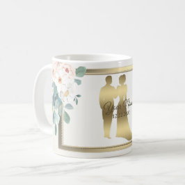 Caneca De Café Festa de Casamento Moldura Dourada Flor Folhas Ver