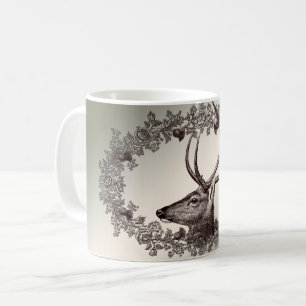 Caneca De Café Festa de Natal Floral Rena Dourada de Inverno