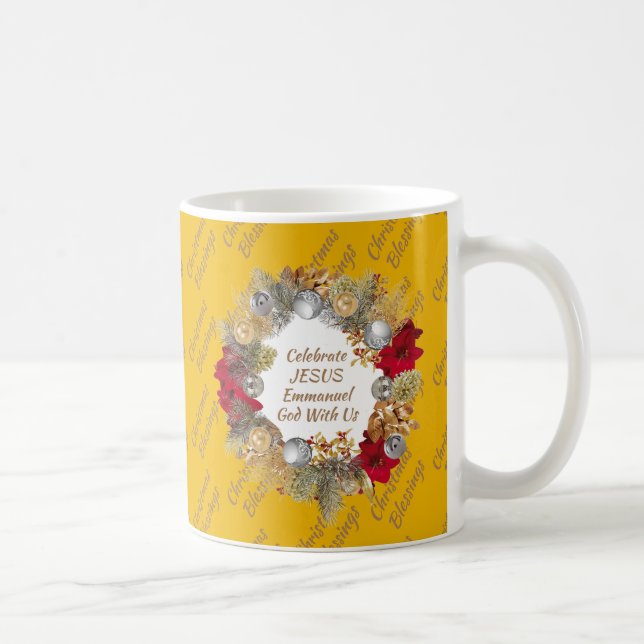 Caneca De Café Festa de Natal MONOGRAM Celebra Jesus AMARELO (Direita)