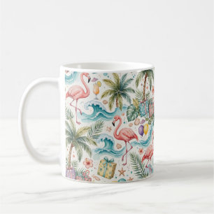 Caneca De Café Festa na Praia Palmeiras Tropicais Flamingos Rosa