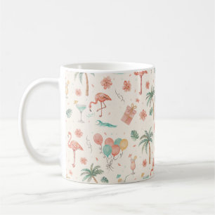 Caneca De Café Festa na Praia Palmeiras Tropicais Flamingos Rosa