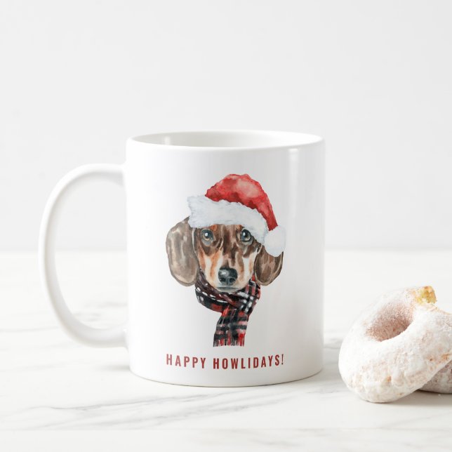 Caneca De Café Festivo Aquarela Papais noeis Dachshund Natal (Com Donut)