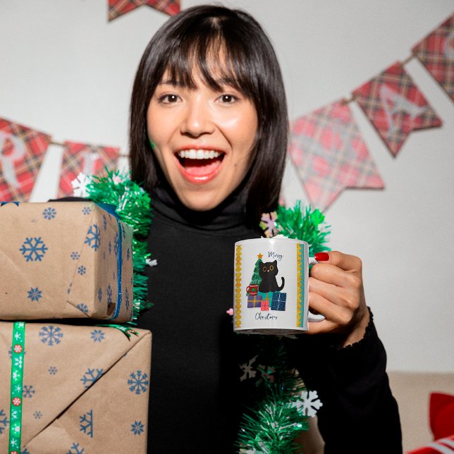 Caneca De Café Festivo Feliz Natal Gato Negro Bonito Arte Café (Criador carregado)