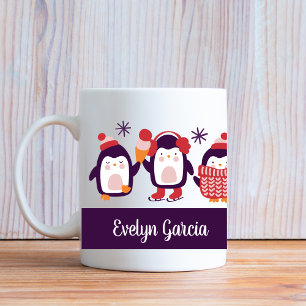 Caneca De Café Festivo Pinguim Nome Personalizado Feriado Present