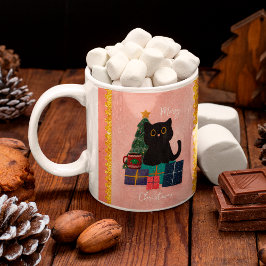 Caneca De Café Festivo Rosa Feliz Natal Gato Preto, Café