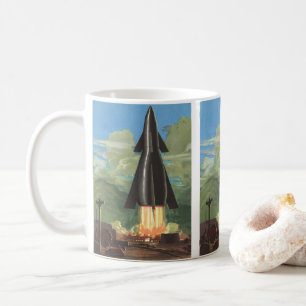 Caneca De Café Ficção científica retrô, foguete decolando da Terr