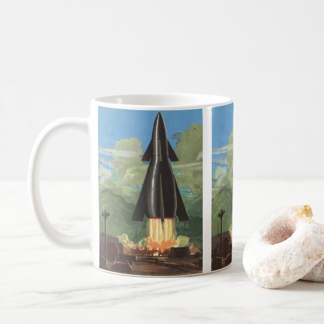 Caneca De Café Ficção científica retrô, foguete decolando da Terr (Com Donut)