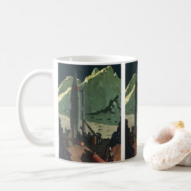 Caneca De Café Ficção científica retrô, foguete em planeta estran (Com Donut)