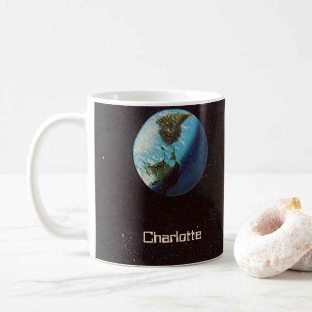 Caneca De Café Ficção Científica Vintage, Nave Espacial Sobre a L (Com Donut)