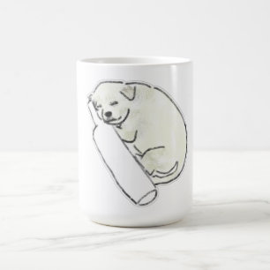 Caneca De Café Filhote Branco Adormecido Apoiado em Garrafa de Vi