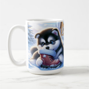 Caneca De Café Filhote Brincando Com Uma Bota de Inverno Coberta