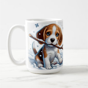 Caneca De Café Filhote Brincando na Neve com um Graveto no Invern