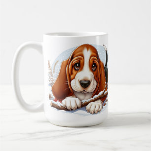 Caneca De Café Filhote de Basset Hound em Cena de Inverno Nevado