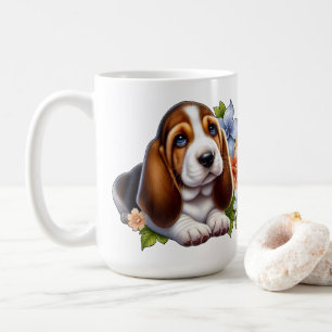 Caneca De Café Filhote de Basset Hound Fofo Sentado com Flores