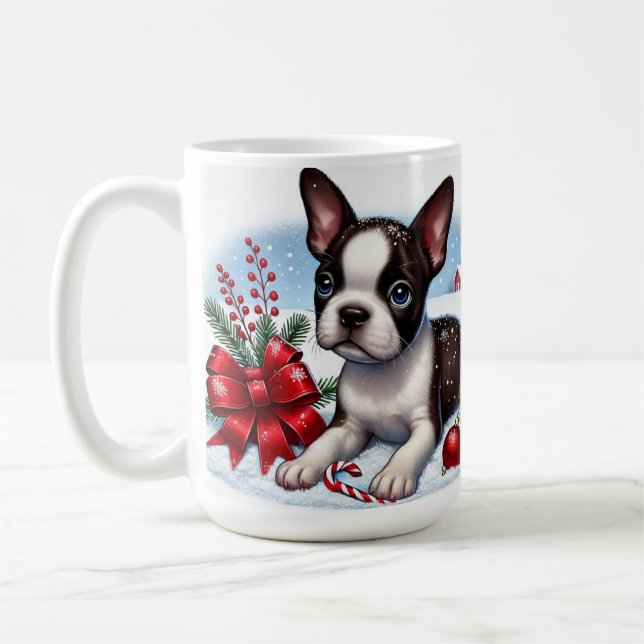 Caneca De Café Filhote de Boston Terrier com Decorações de Natal (Esquerda)