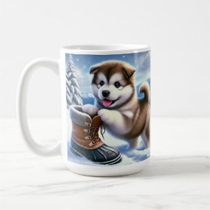 Caneca De Café Filhote de Husky Fofo Brincando na Paisagem Invern