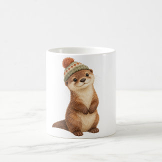 Caneca De Café Filhote de Lontra Usando um Chapéu de Tricô